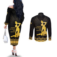 Haiti Neg Marron Gold Couples Matching Off The Shoulder Long Sleeve Dress and Long Sleeve Button Shirt Lespwa pa anyen san aksyon