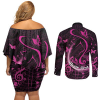 Personalised Survivor Melody Pink Couples Matching Off Shoulder Short Dress and Long Sleeve Button Shirt Breast Cancer Polynesian Pattern LT01 - Polynesian Pride