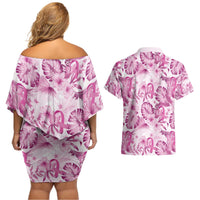 Pink Ribbon Hibiscus Tropical Pattern Couples Matching Off Shoulder Short Dress and Hawaiian Shirt Breast Cancer