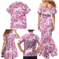 Pink Ribbon Hibiscus Tropical Pattern Family Matching Mermaid Dress and Hawaiian Shirt Breast Cancer