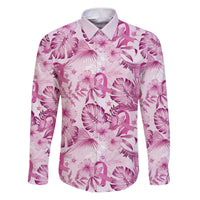 Pink Ribbon Hibiscus Tropical Pattern Family Matching Puletasi and Hawaiian Shirt Breast Cancer