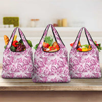 Pink Ribbon Hibiscus Tropical Pattern Grocery Bag Breast Cancer