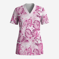 Pink Ribbon Hibiscus Tropical Pattern Scrub Top Breast Cancer - Polynesian Pride