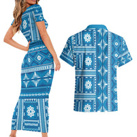 Fiji Masi All Blue Couples Matching Short Sleeve Bodycon Dress and Hawaiian Shirt Tapa Pattern - Polynesian Pride