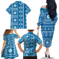 Fiji Masi All Blue Family Matching Off The Shoulder Long Sleeve Dress and Hawaiian Shirt Tapa Pattern - Polynesian Pride