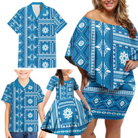 Fiji Masi All Blue Family Matching Off Shoulder Short Dress and Hawaiian Shirt Tapa Pattern - Polynesian Pride