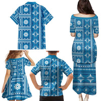 Fiji Masi All Blue Family Matching Puletasi and Hawaiian Shirt Tapa Pattern - Polynesian Pride