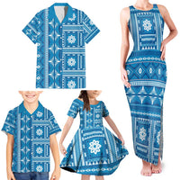 Fiji Masi All Blue Family Matching Tank Maxi Dress and Hawaiian Shirt Tapa Pattern - Polynesian Pride