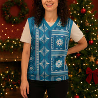 Fiji Masi All Blue Christmas Knitted V-Neck Vest Tapa Pattern - Polynesian Pride
