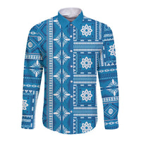 Fiji Masi All Blue Long Sleeve Button Shirt Tapa Pattern - Polynesian Pride