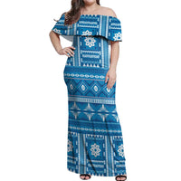Fiji Masi All Blue Off Shoulder Maxi Dress Tapa Pattern - Polynesian Pride