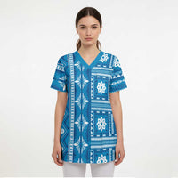Fiji Masi All Blue Scrub Top Tapa Pattern - Polynesian Pride