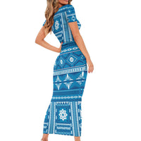 Fiji Masi All Blue Short Sleeve Bodycon Dress Tapa Pattern - Polynesian Pride
