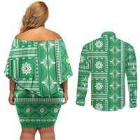Fiji Masi All Green Couples Matching Off Shoulder Short Dress and Long Sleeve Button Shirt Tapa Pattern - Polynesian Pride