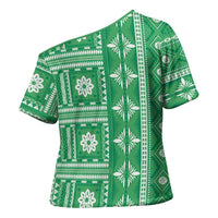 Fiji Masi All Green Cross Shoulder Shirt Tapa Pattern - Polynesian Pride