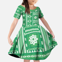 Fiji Masi All Green Family Matching Long Sleeve Bodycon Dress and Hawaiian Shirt Tapa Pattern - Polynesian Pride