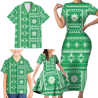 Fiji Masi All Green Family Matching Short Sleeve Bodycon Dress and Hawaiian Shirt Tapa Pattern - Polynesian Pride
