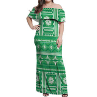 Fiji Masi All Green Off Shoulder Maxi Dress Tapa Pattern - Polynesian Pride