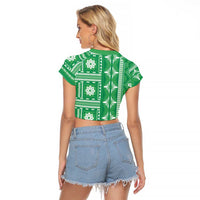 Fiji Masi All Green Raglan Cropped T Shirt Tapa Pattern - Polynesian Pride