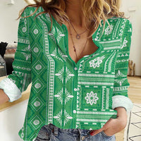 Fiji Masi All Green Women Casual Shirt Tapa Pattern - Polynesian Pride