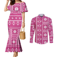 Fiji Masi All Pink Couples Matching Mermaid Dress and Long Sleeve Button Shirt Tapa Pattern - Polynesian Pride