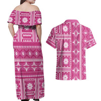 Fiji Masi All Pink Couples Matching Off Shoulder Maxi Dress and Hawaiian Shirt Tapa Pattern - Polynesian Pride