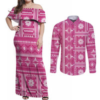 Fiji Masi All Pink Couples Matching Off Shoulder Maxi Dress and Long Sleeve Button Shirt Tapa Pattern - Polynesian Pride