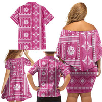 Fiji Masi All Pink Family Matching Off Shoulder Short Dress and Hawaiian Shirt Tapa Pattern - Polynesian Pride