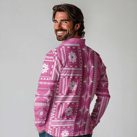 Fiji Masi All Pink Long Sleeve Polo Shirt Tapa Pattern - Polynesian Pride