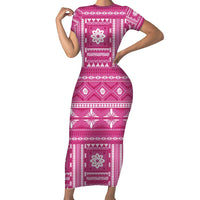 Fiji Masi All Pink Short Sleeve Bodycon Dress Tapa Pattern - Polynesian Pride