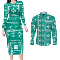 Fiji Masi All Teal Couples Matching Long Sleeve Bodycon Dress and Long Sleeve Button Shirt Tapa Pattern - Polynesian Pride