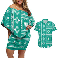 Fiji Masi All Teal Couples Matching Off Shoulder Short Dress and Hawaiian Shirt Tapa Pattern - Polynesian Pride