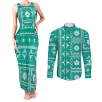 Fiji Masi All Teal Couples Matching Tank Maxi Dress and Long Sleeve Button Shirt Tapa Pattern - Polynesian Pride