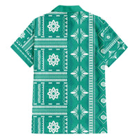 Fiji Masi All Teal Family Matching Off The Shoulder Long Sleeve Dress and Hawaiian Shirt Tapa Pattern - Polynesian Pride