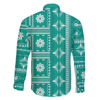 Fiji Masi All Teal Family Matching Off Shoulder Short Dress and Hawaiian Shirt Tapa Pattern - Polynesian Pride