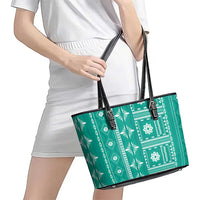Fiji Masi All Teal Leather Tote Bag Tapa Pattern - Polynesian Pride