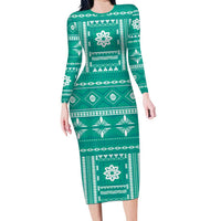 Fiji Masi All Teal Long Sleeve Bodycon Dress Tapa Pattern - Polynesian Pride