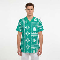 Fiji Masi All Teal Scrub Top Tapa Pattern - Polynesian Pride
