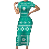 Fiji Masi All Teal Short Sleeve Bodycon Dress Tapa Pattern - Polynesian Pride
