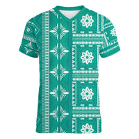 Fiji Masi All Teal Women V-Neck T-Shirt Tapa Pattern - Polynesian Pride