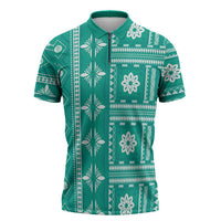Fiji Masi All Teal Zipper Polo Shirt Tapa Pattern - Polynesian Pride