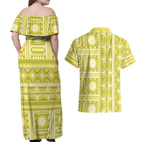 Fiji Masi All Yellow Couples Matching Off Shoulder Maxi Dress and Hawaiian Shirt Tapa Pattern - Polynesian Pride