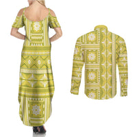 Fiji Masi All Yellow Couples Matching Summer Maxi Dress and Long Sleeve Button Shirt Tapa Pattern - Polynesian Pride