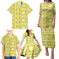Fiji Masi All Yellow Family Matching Puletasi and Hawaiian Shirt Tapa Pattern - Polynesian Pride