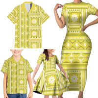Fiji Masi All Yellow Family Matching Short Sleeve Bodycon Dress and Hawaiian Shirt Tapa Pattern - Polynesian Pride
