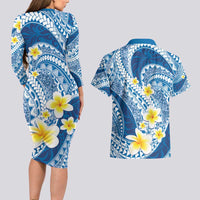 Plumeria Polynesian Blue Glitter Pattern Couples Matching Long Sleeve Bodycon Dress and Hawaiian Shirt