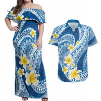 Plumeria Polynesian Blue Glitter Pattern Couples Matching Off Shoulder Maxi Dress and Hawaiian Shirt