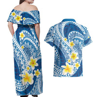 Plumeria Polynesian Blue Glitter Pattern Couples Matching Off Shoulder Maxi Dress and Hawaiian Shirt