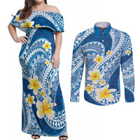 Plumeria Polynesian Blue Glitter Pattern Couples Matching Off Shoulder Maxi Dress and Long Sleeve Button Shirt