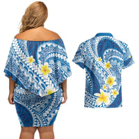 Plumeria Polynesian Blue Glitter Pattern Couples Matching Off Shoulder Short Dress and Hawaiian Shirt